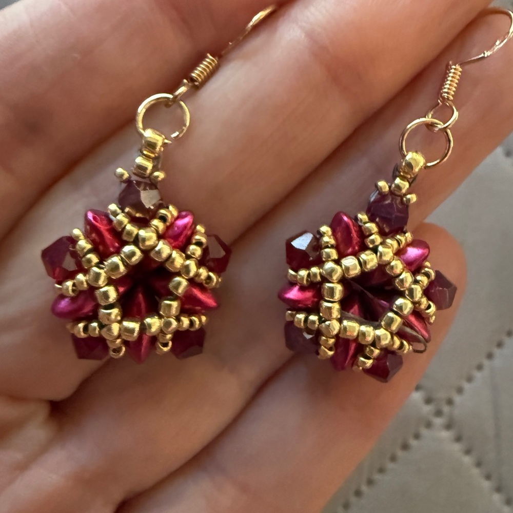 Gold and Deep Pink Beaded Drop Earrings - Women Jewelry